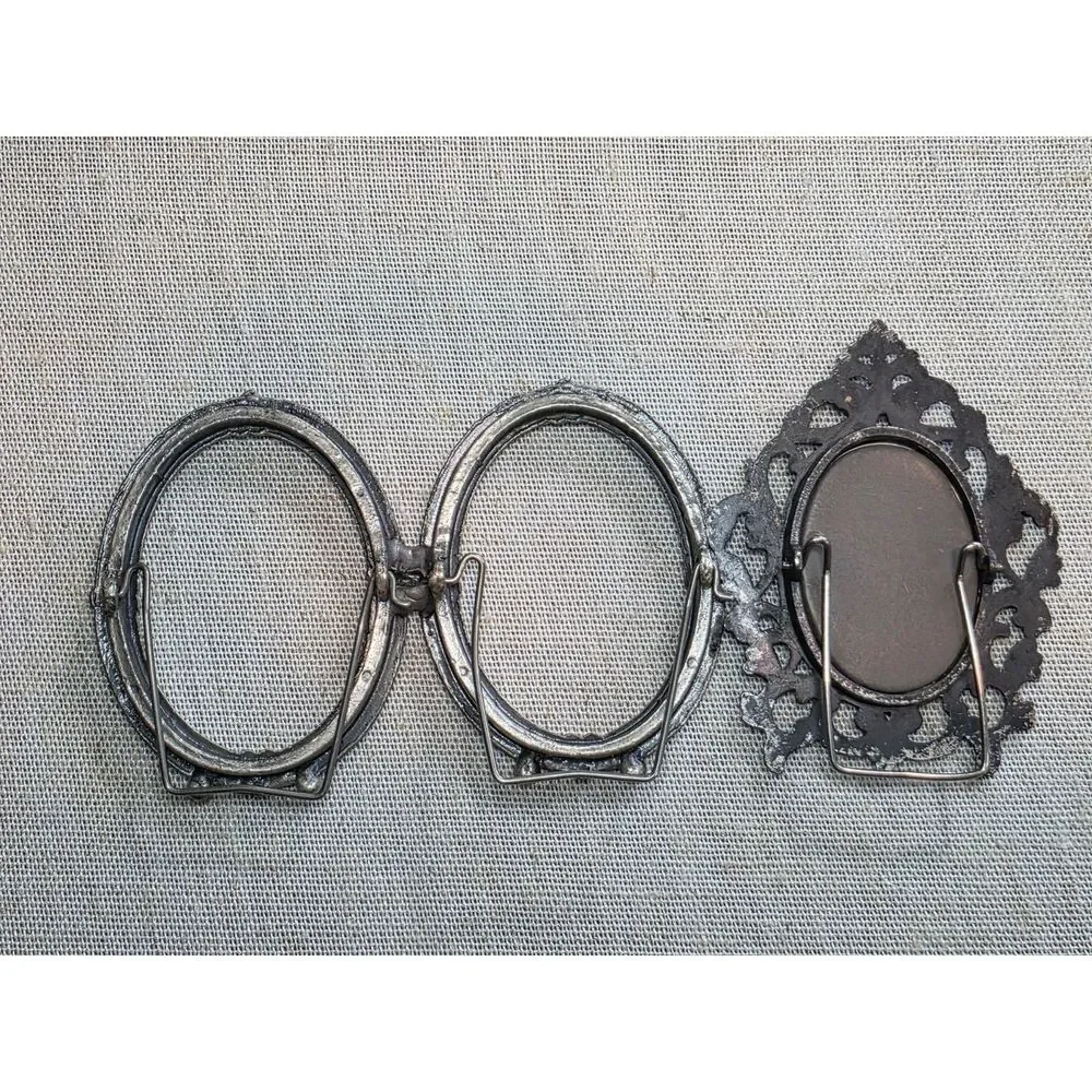 Vintage Silver Miniature Ornate Metal Picture Frame Set Single & Double Oval
